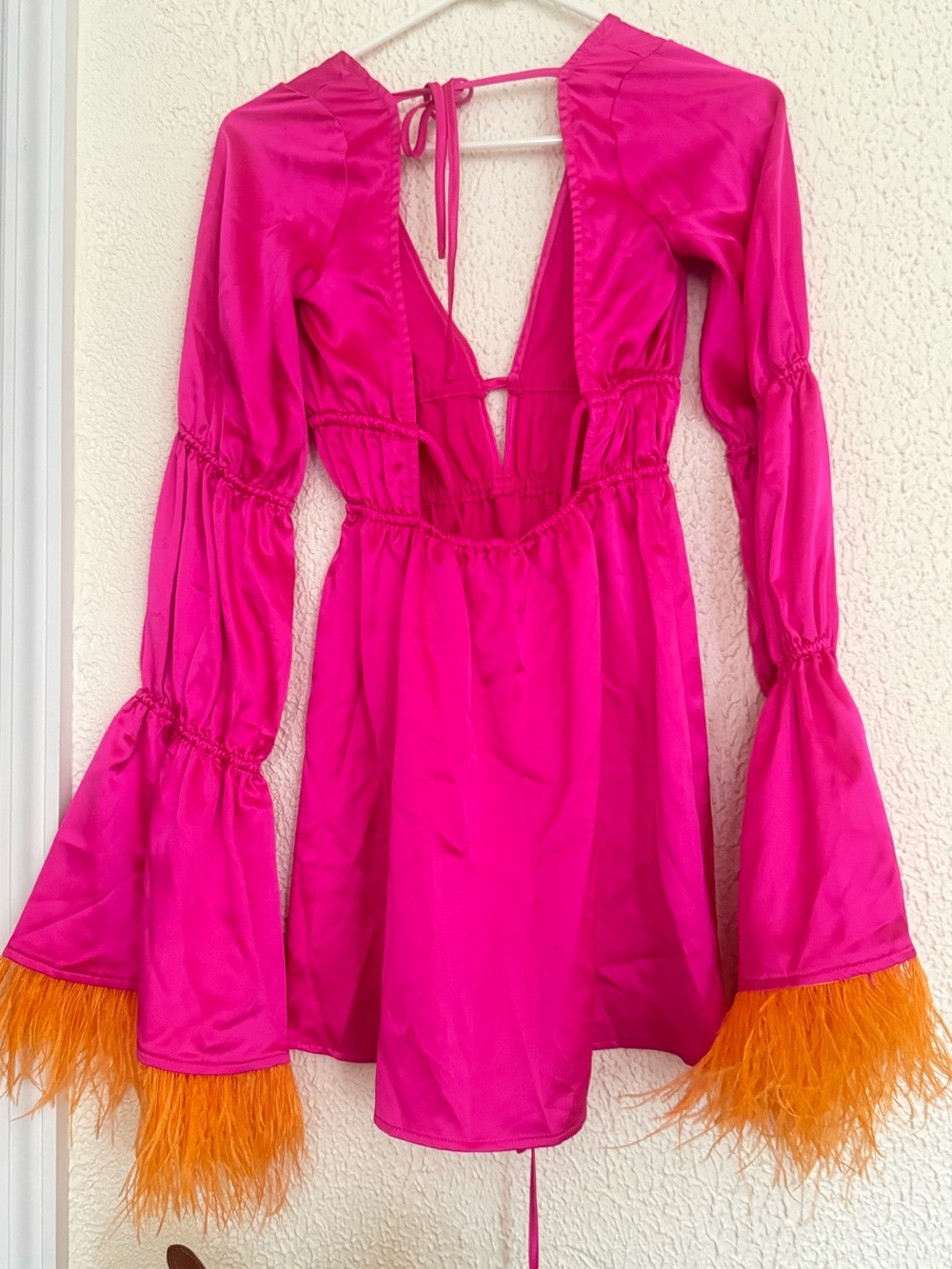 Fuchsia Mini Dress With Orange Feather Cuffs